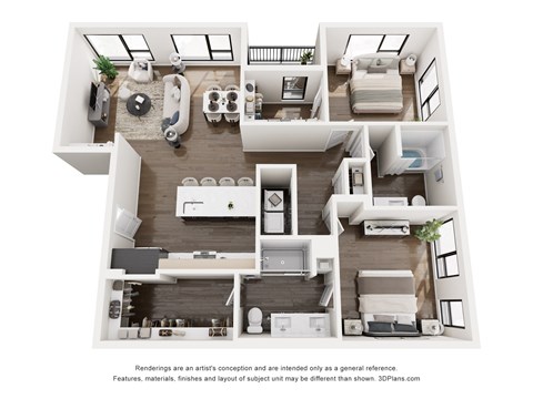 Floor plan for 2 beds, 2 baths, 1232 sqft